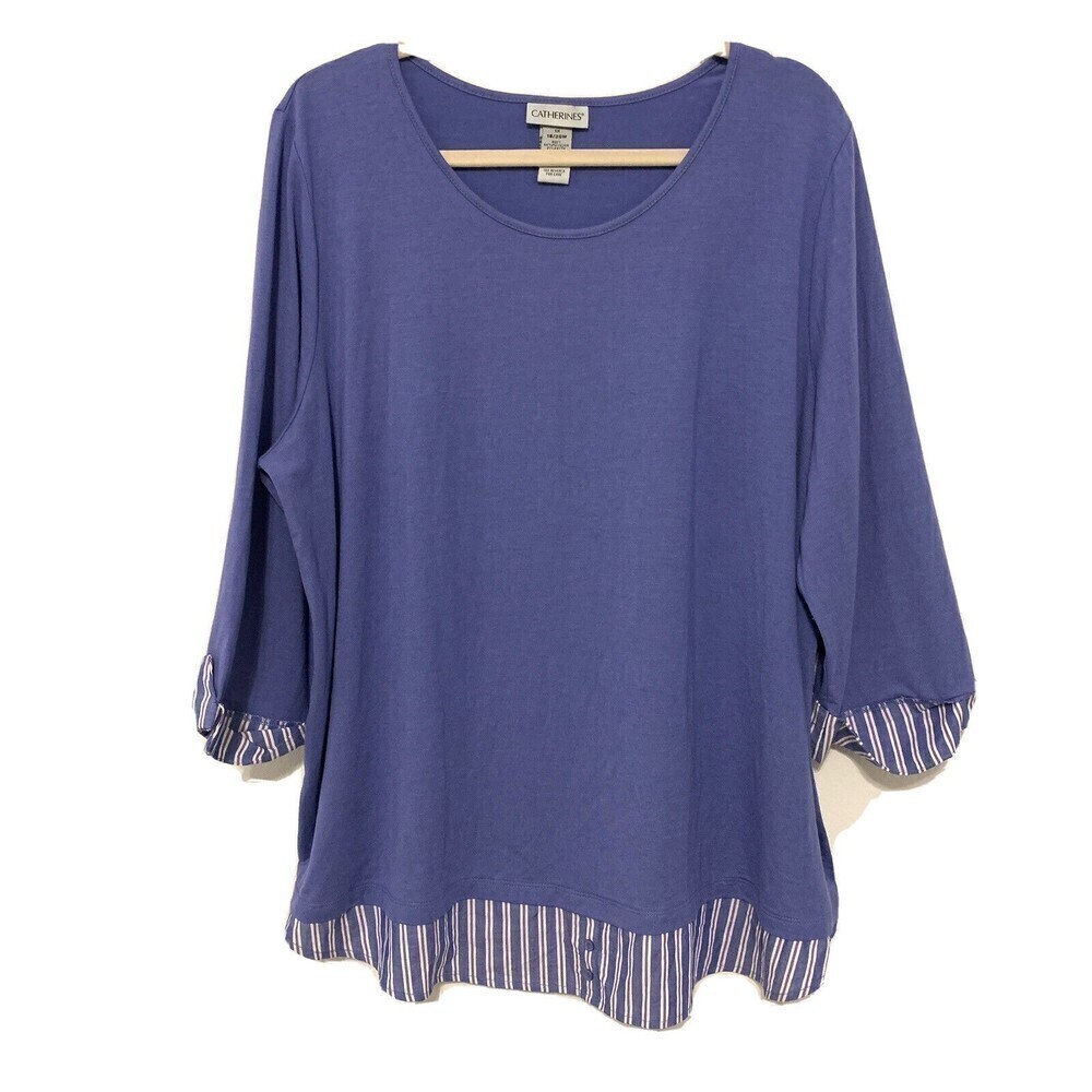 Catherines Womens Plus Size 1X 18/20W Blue Stripe Hem Tunic Top Stretch Blouse